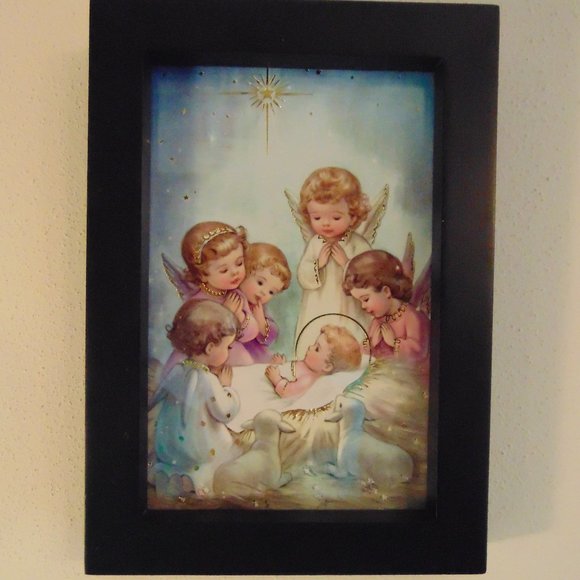 Angels Watching Over Baby, Wood Frame, 7.9 x 4.9 - Picture 1 of 7